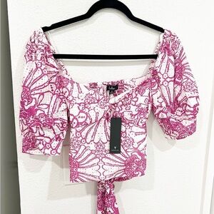 🌸 Lulus - Say It Back Ivory Floral Puff Sleeve Tie-Back Crop Top- XS